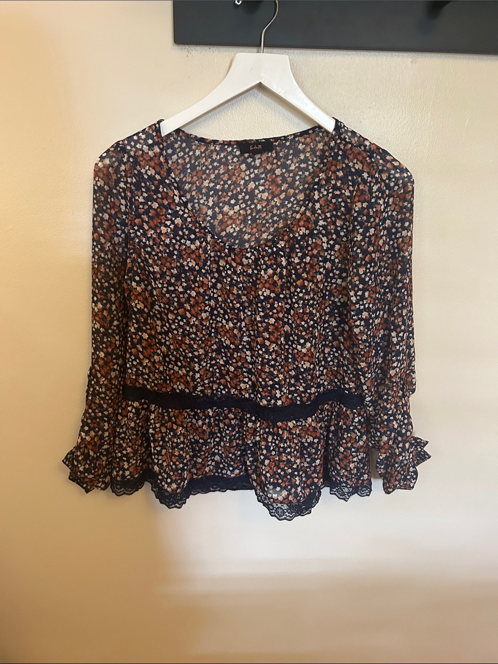GAP Navy Floral Sheer Ruffle Hem Blouse